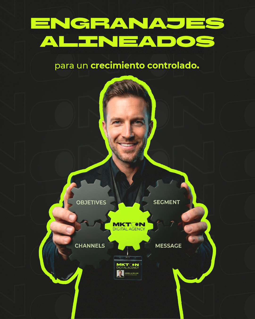 Diagrama de engranajes que representa el sistema de publicidad estratégica: segmentación, mensaje y objetivos.
